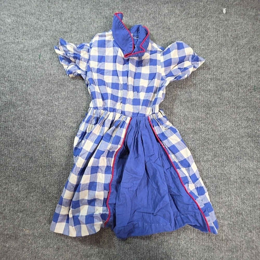 Vintage Blue Gingham Dress For 18 In Girl Doll Puff Sleeve Red Trim Checkered